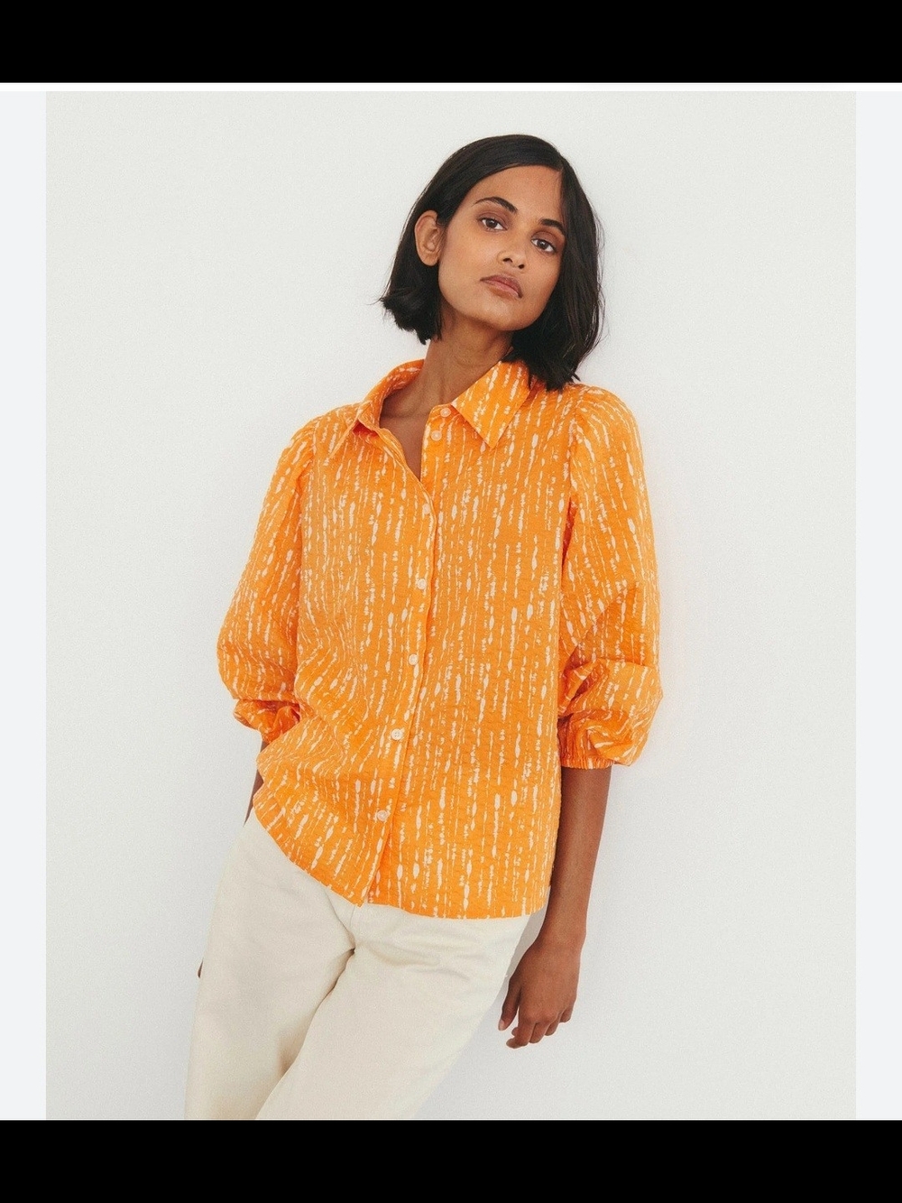 Women’s Orange Textured Button-Down Shirt with Three-Quarter Sleeves